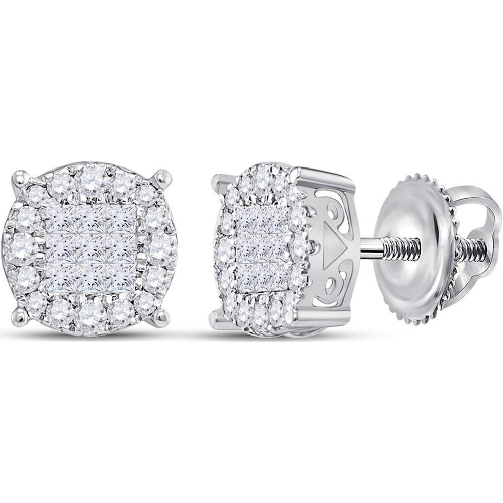GND 14K White Gold Princess Diamond Cluster Stud Earrings with Pave-Set Round Diamonds - 1/2 Carat Total Diamond Weight