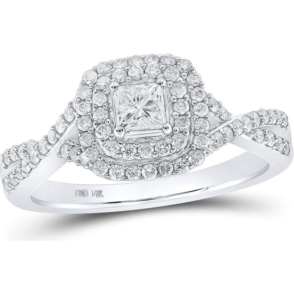 GND 14K White Gold Princess Diamond Halo Bridal Engagement Ring - 0.79 Carat Total Diamond Weight