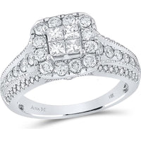 GND 14K White Gold Princess Diamond Halo Bridal Engagement Ring - 1 1/3 Carat Total Diamond Weight