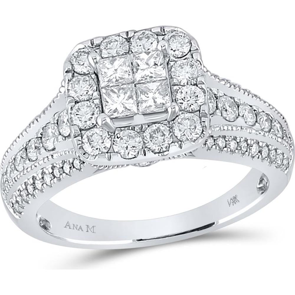 GND 14K White Gold Princess Diamond Halo Bridal Engagement Ring - 1 1/3 Carat Total Diamond Weight