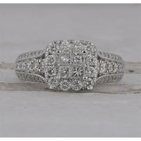 GND 14K White Gold Princess Diamond Halo Bridal Engagement Ring - 1 1/3 Carat Total Diamond Weight