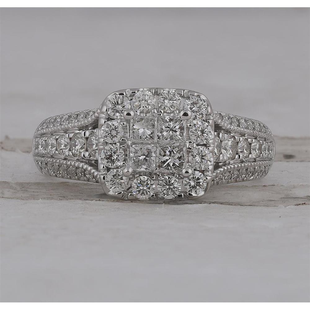 GND 14K White Gold Princess Diamond Halo Bridal Engagement Ring - 1 1/3 Carat Total Diamond Weight