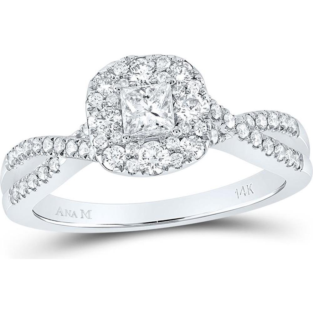 GND 14K White Gold Princess Diamond Halo Bridal Engagement Ring with Split Shank - 0.72 Carat Total Diamond Weight