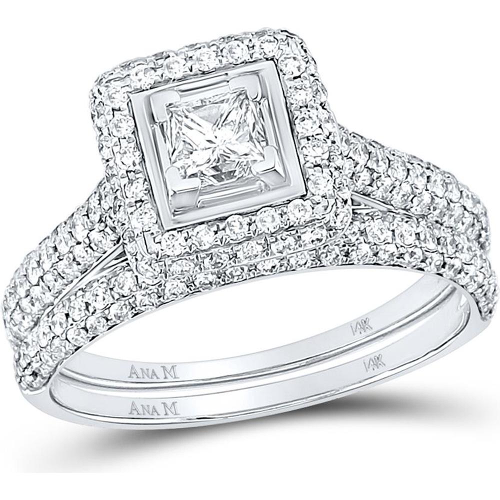 GND 14K White Gold Princess Diamond Halo Bridal Wedding Ring Set – 1.25 Carat Total Diamond Weight