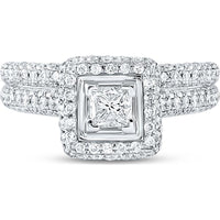 GND 14K White Gold Princess Diamond Halo Bridal Wedding Ring Set – 1.25 Carat Total Diamond Weight