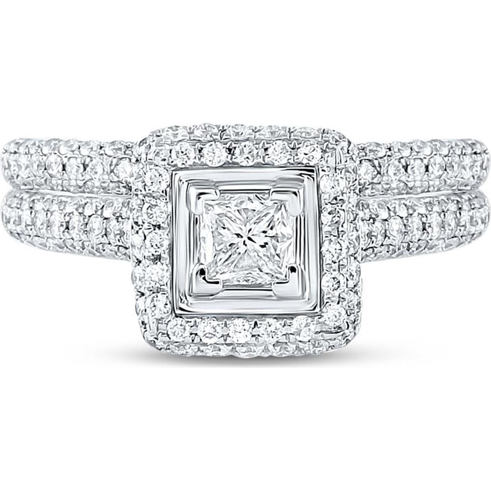 GND 14K White Gold Princess Diamond Halo Bridal Wedding Ring Set – 1.25 Carat Total Diamond Weight