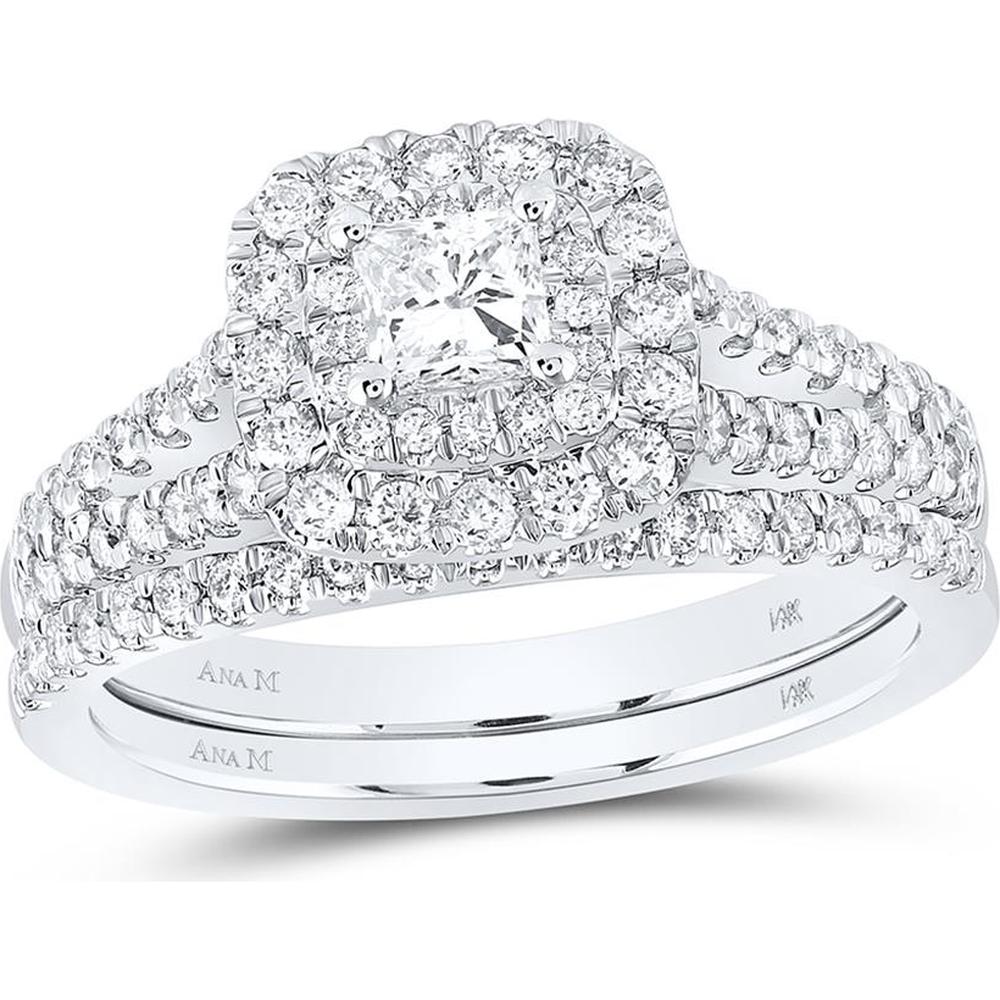 GND 14K White Gold Princess Diamond Halo Bridal Wedding Ring Set - 1 Carat Total Diamond Weight