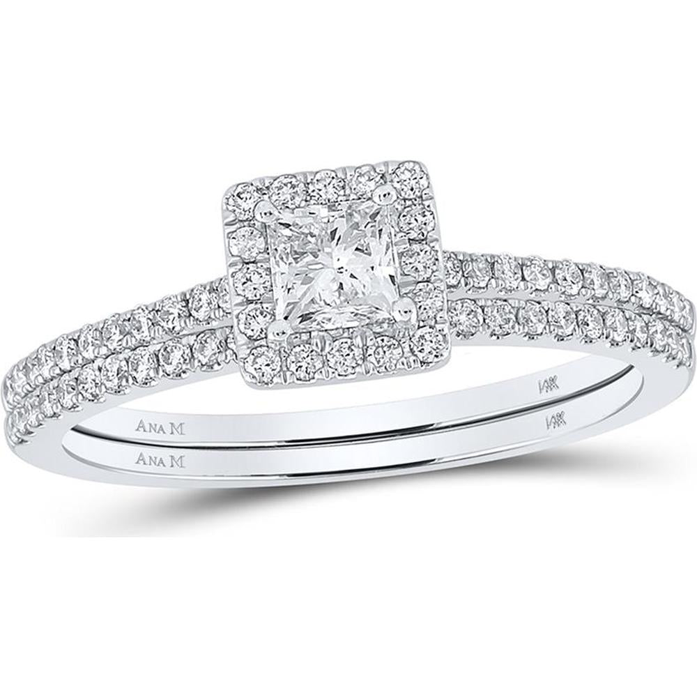 GND 14K White Gold Princess Diamond Halo Bridal Wedding Ring Set - 5/8 Total Carat Weight