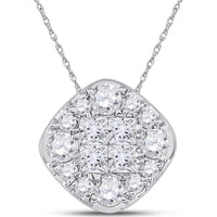 GND 14K White Gold Princess Diamond Offset Square Cluster Pendant with Prong-Set Round Diamonds - 1.00 Carat Total Diamond Weight