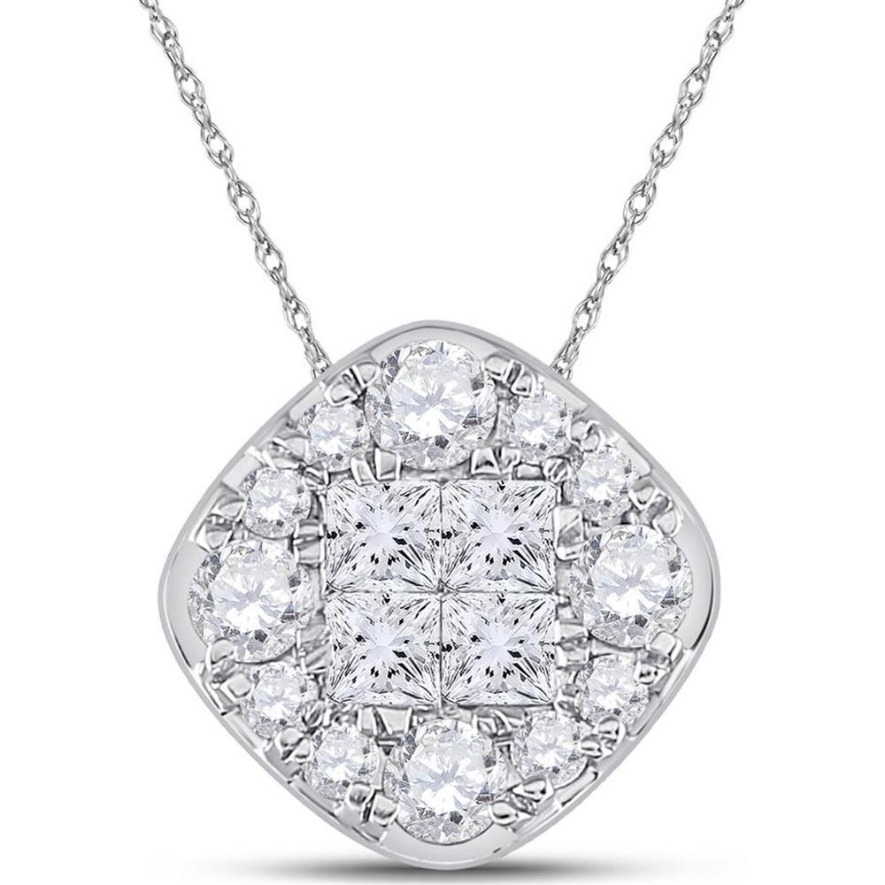 GND 14K White Gold Princess Diamond Offset Square Cluster Pendant with Prong-Set Round Diamonds - 1.00 Carat Total Diamond Weight