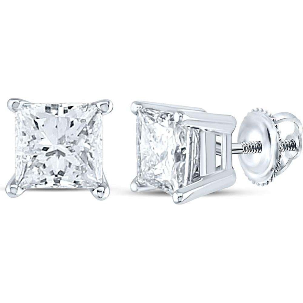 GND 14K White Gold Princess Diamond Solitaire Earrings – 1-3/8 Carat Total Diamond Weight