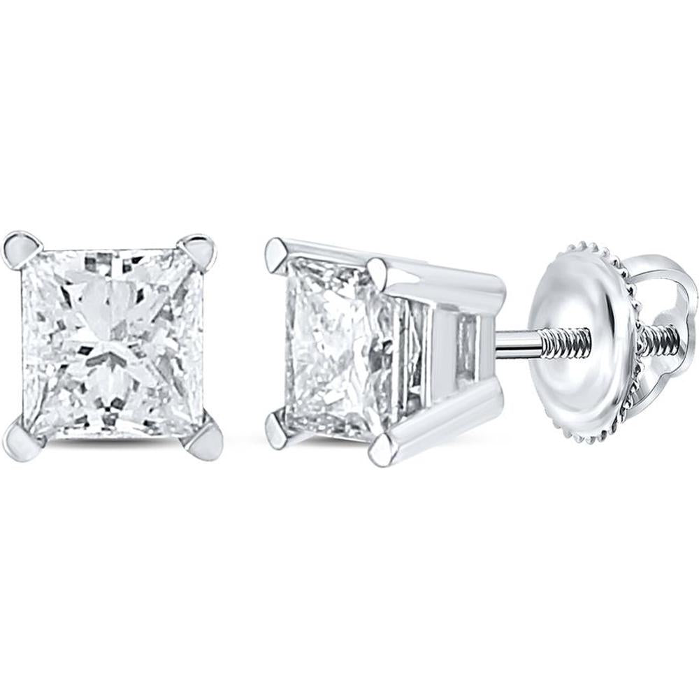 GND 14K White Gold Princess Diamond Solitaire Stud Earrings - 1.00 Carat Total Diamond Weight
