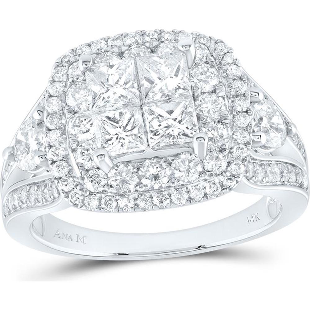 GND 14K White Gold Princess Diamond Square Bridal Engagement Ring with Invisible Set Princess and Round Diamonds - 2.00 Carat Total Diamond Weight