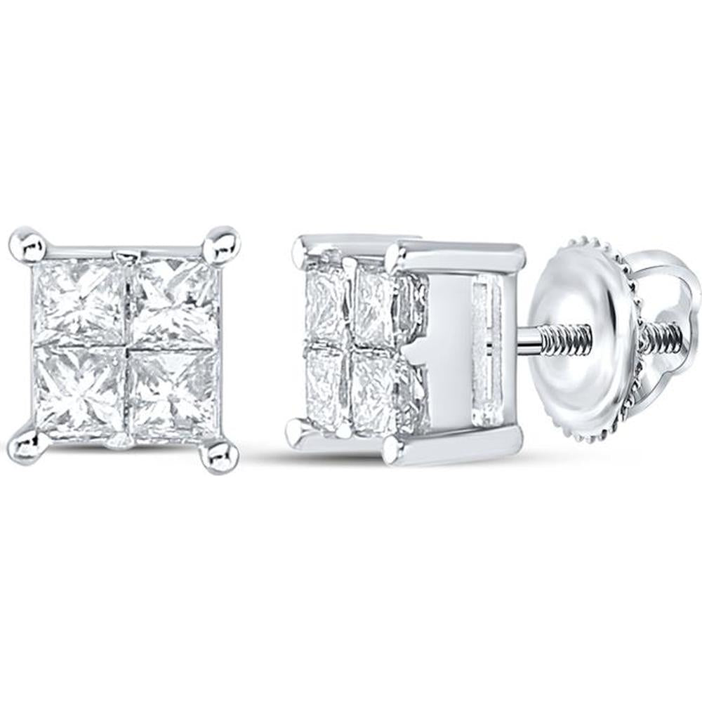GND 14K White Gold Princess Diamond Square Earrings with Invisible Setting - 1/2 Carat Total Diamond Weight