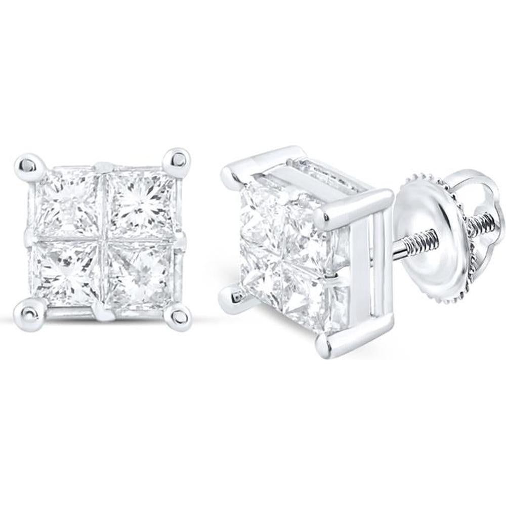 GND 14K White Gold Princess Diamond Square Stud Earrings - 1.00 Carat Total Diamond Weight