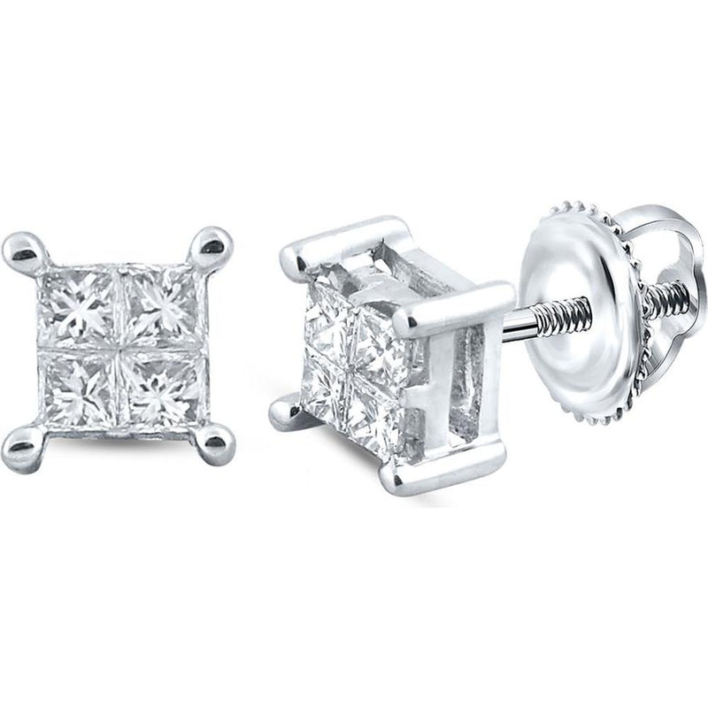 GND 14K White Gold Princess Diamond Square Stud Earrings with Invisible-Set Diamonds - 0.25 Carat Total Diamond Weight