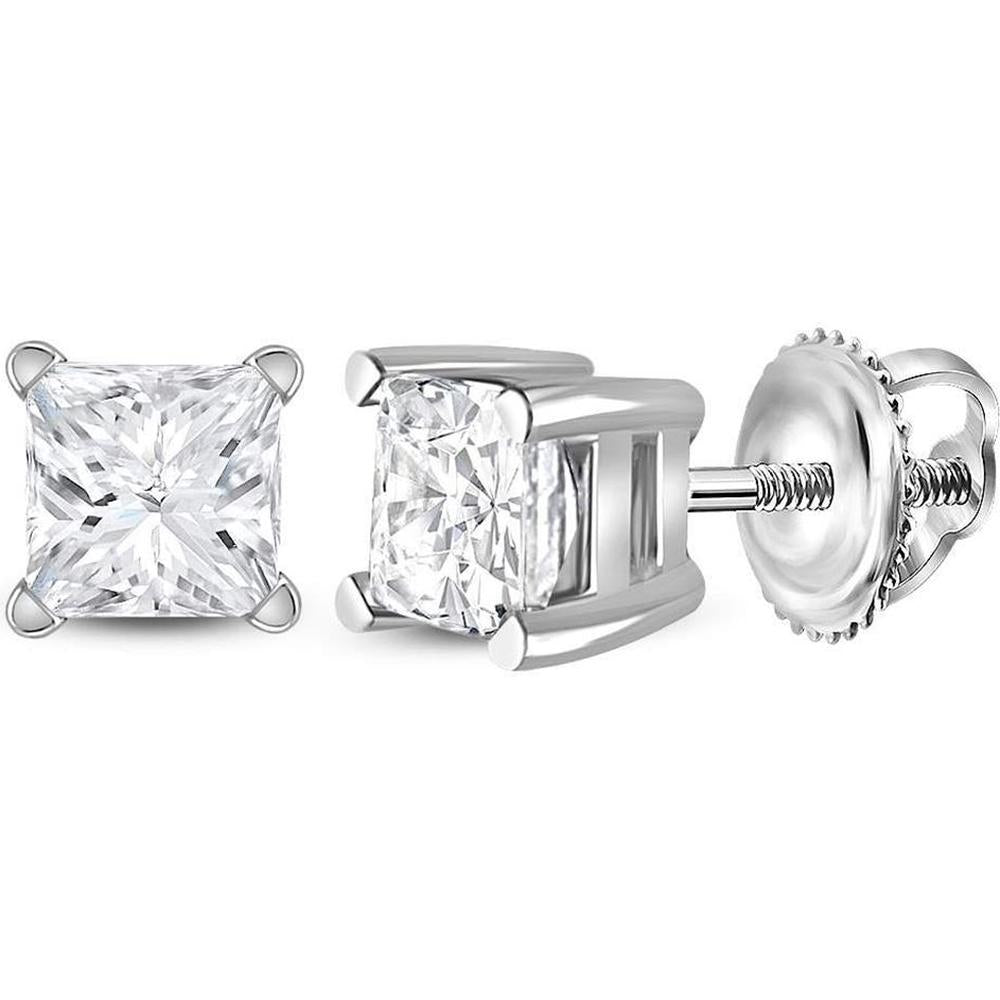 GND 14K White Gold Princess Diamond Supreme Solitaire Earrings with 3/4 Total Carat Weight