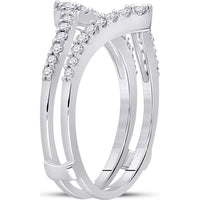 GND 14K White Gold Ring Guard Wrap Enhancer Wedding Band with Prong Set Round Diamonds - 0.47 Carat Total Diamond Weight