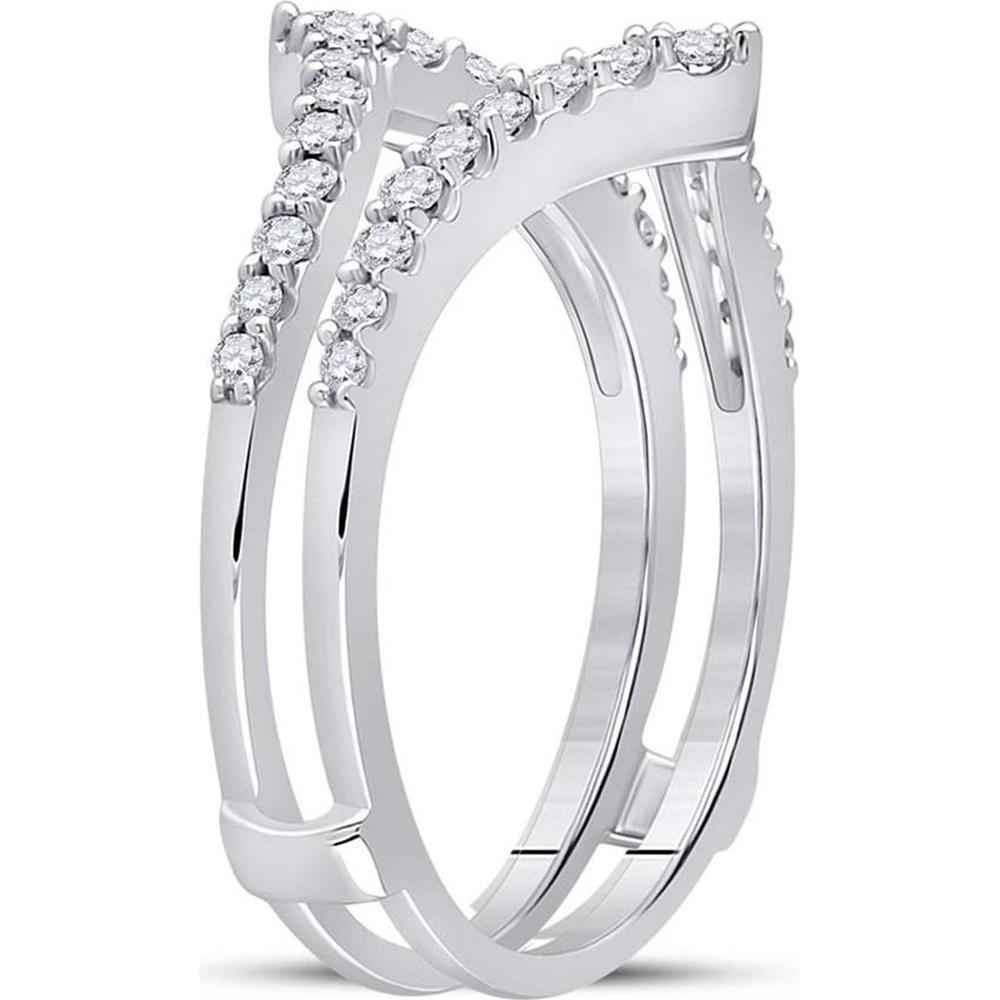 GND 14K White Gold Ring Guard Wrap Enhancer Wedding Band with Prong Set Round Diamonds - 0.47 Carat Total Diamond Weight