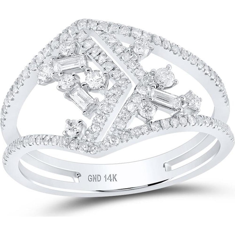 GND 14K White Gold Round and Baguette Diamond Geometric Band Ring - 3/8 Carat Total Weight