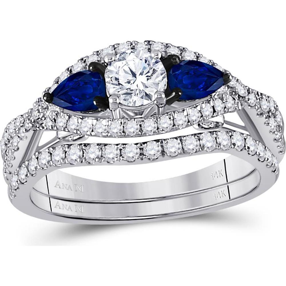 GND 14K White Gold Round Diamond and Pear Blue Sapphire Bridal Wedding Ring Set – 1.38 Carat Total Carat Weight