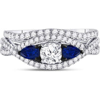 GND 14K White Gold Round Diamond and Pear Blue Sapphire Bridal Wedding Ring Set – 1.38 Carat Total Carat Weight