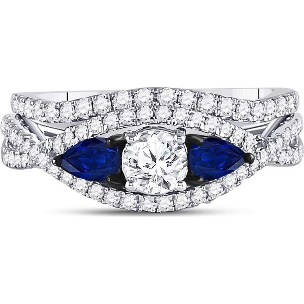 GND 14K White Gold Round Diamond and Pear Blue Sapphire Bridal Wedding Ring Set – 1.38 Carat Total Carat Weight