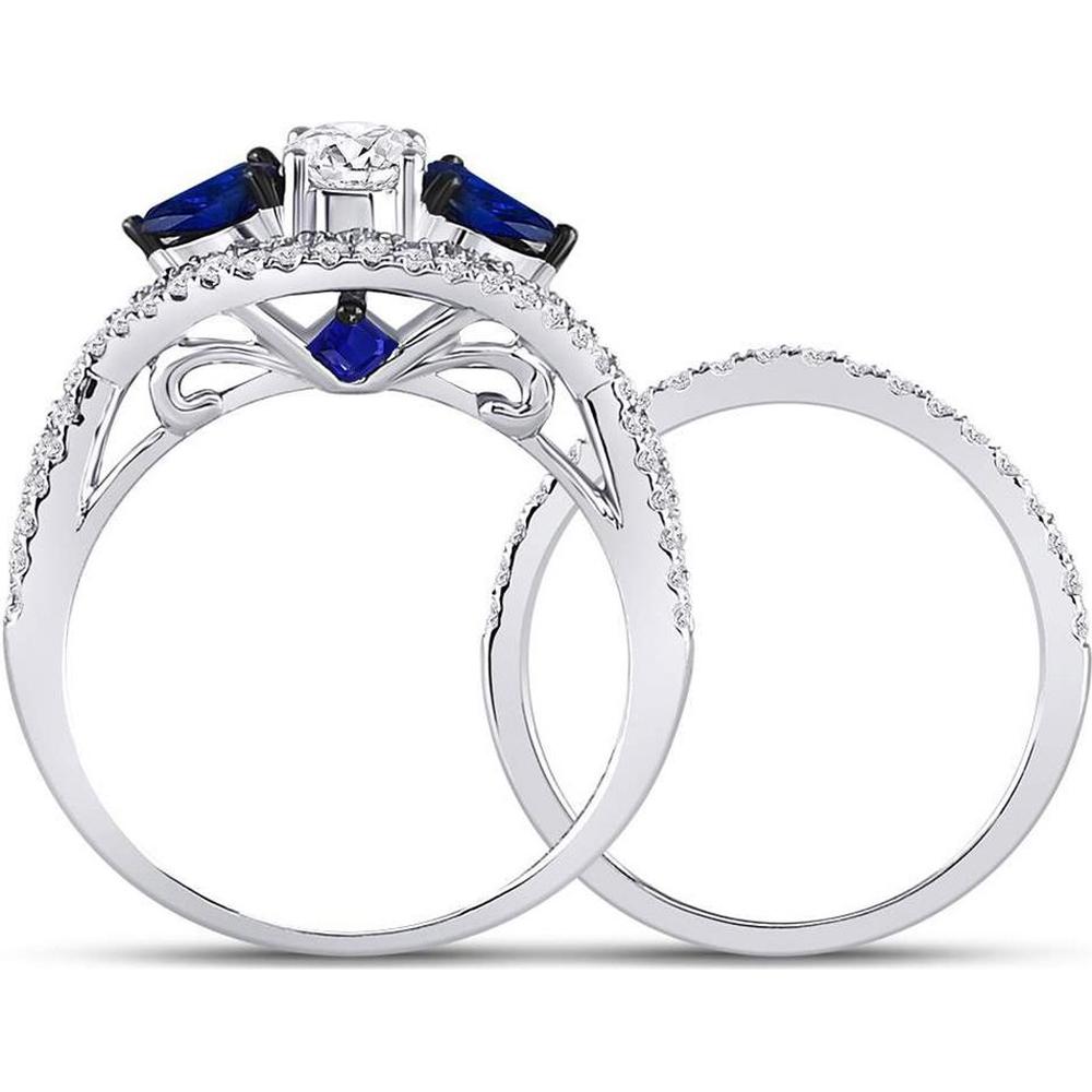 GND 14K White Gold Round Diamond and Pear Blue Sapphire Bridal Wedding Ring Set – 1.38 Carat Total Carat Weight