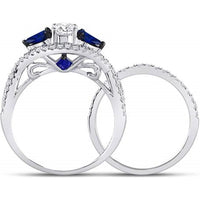 GND 14K White Gold Round Diamond and Pear Blue Sapphire Bridal Wedding Ring Set – 1.38 Carat Total Carat Weight
