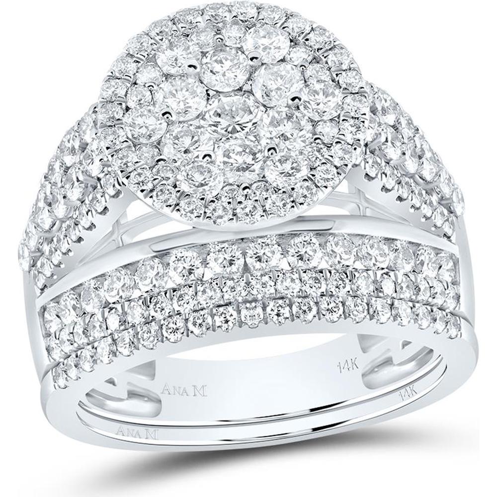 GND 14K White Gold Round Diamond Bridal Wedding Ring Set - 3.00 Carat Total Diamond Weight