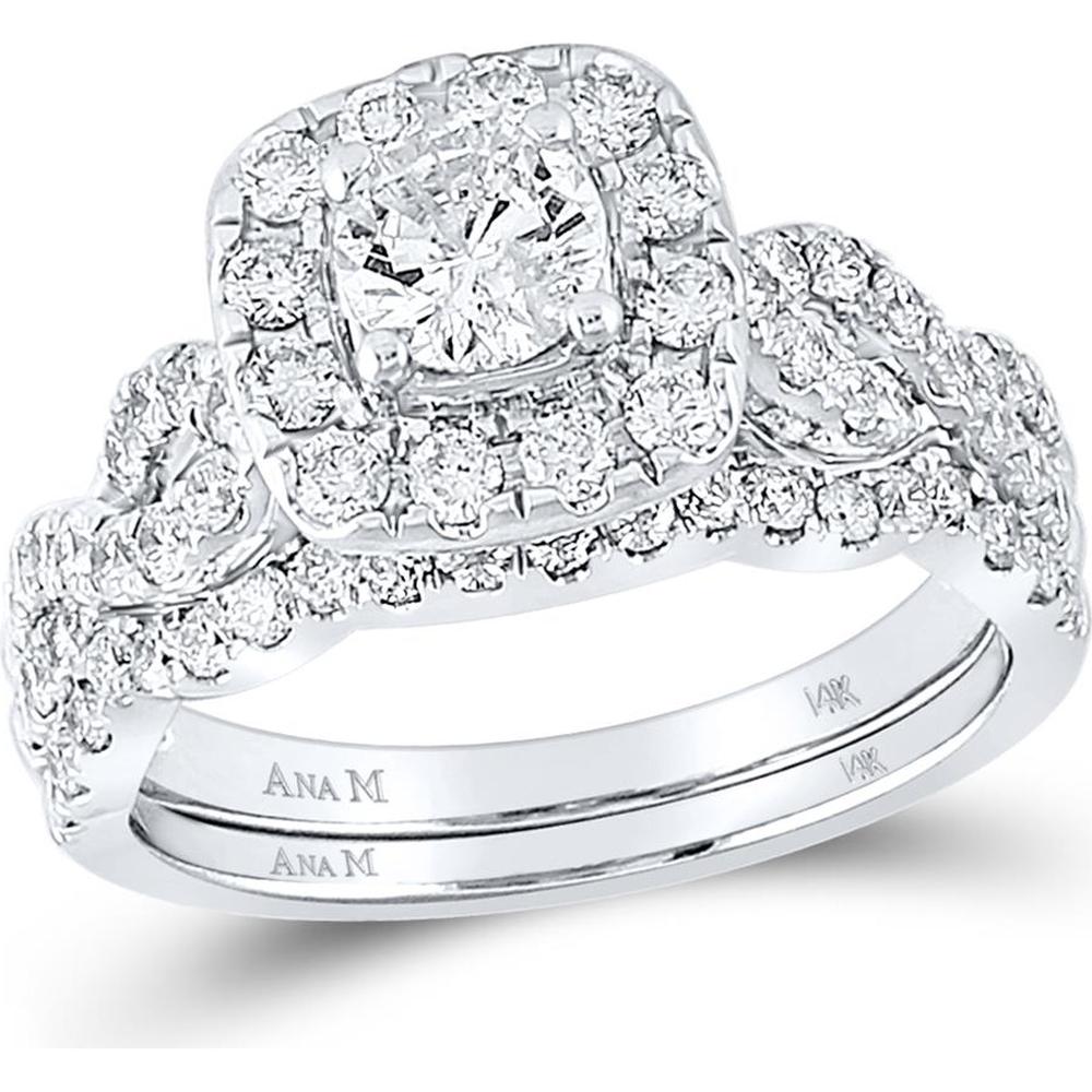 GND 14K White Gold Round Diamond Bridal Wedding Ring Set with Halo and Prong-Set Diamonds - 1.50 Carat Total Carat Weight