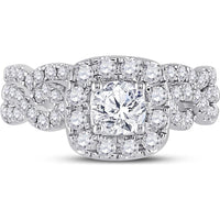 GND 14K White Gold Round Diamond Bridal Wedding Ring Set with Halo and Prong-Set Diamonds - 1.50 Carat Total Carat Weight