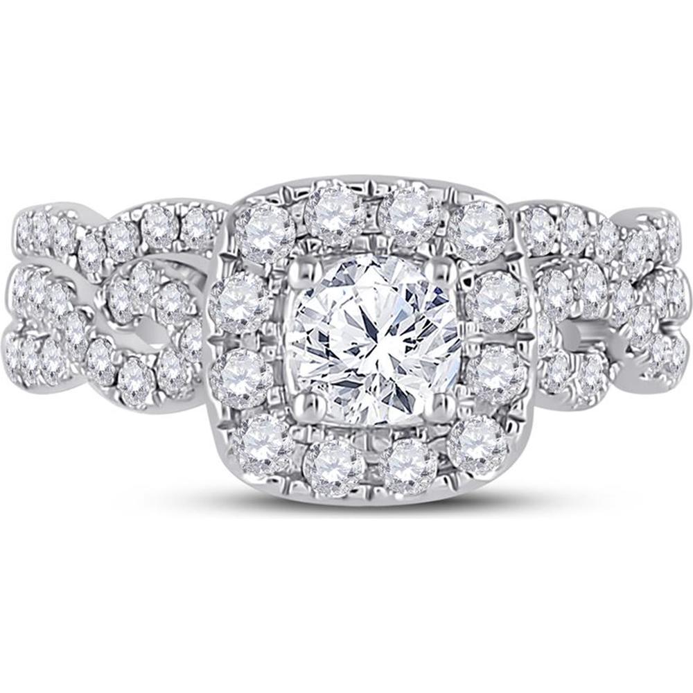 GND 14K White Gold Round Diamond Bridal Wedding Ring Set with Halo and Prong-Set Diamonds - 1.50 Carat Total Carat Weight