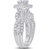 GND 14K White Gold Round Diamond Bridal Wedding Ring Set with Halo and Prong-Set Diamonds - 1.50 Carat Total Carat Weight