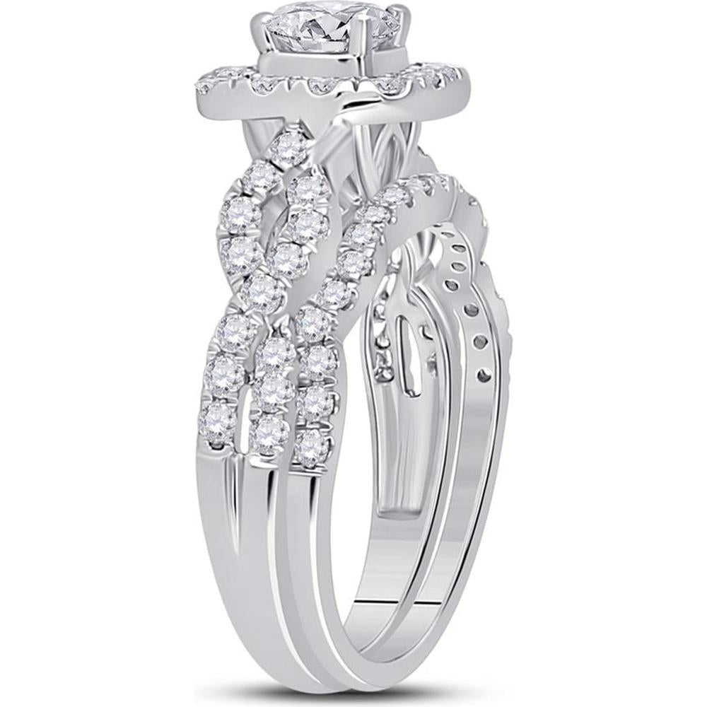 GND 14K White Gold Round Diamond Bridal Wedding Ring Set with Halo and Prong-Set Diamonds - 1.50 Carat Total Carat Weight
