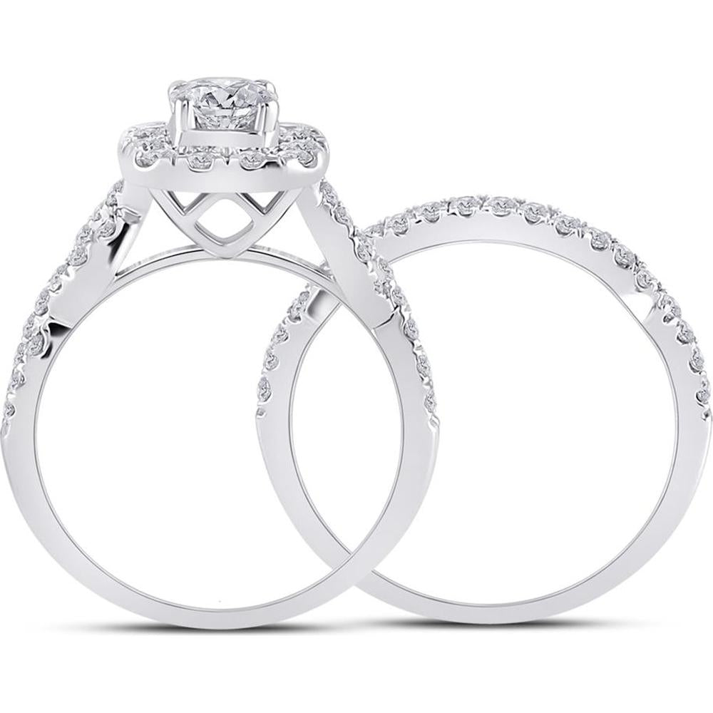 GND 14K White Gold Round Diamond Bridal Wedding Ring Set with Halo and Prong-Set Diamonds - 1.50 Carat Total Carat Weight