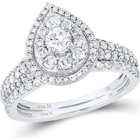 GND 14K White Gold Round Diamond Bridal Wedding Ring Set with Halo Design - 1.00 Carat Total Diamond Weight
