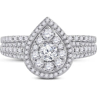 GND 14K White Gold Round Diamond Bridal Wedding Ring Set with Halo Design - 1.00 Carat Total Diamond Weight