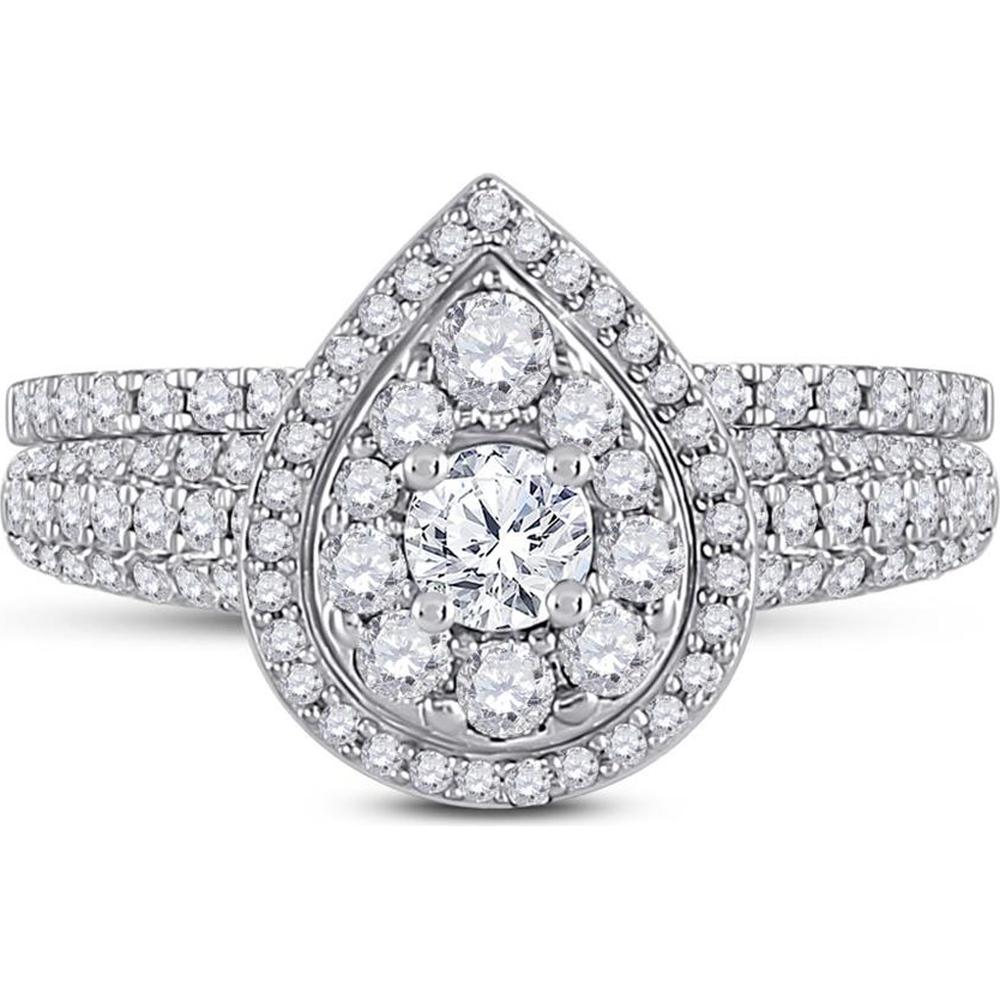 GND 14K White Gold Round Diamond Bridal Wedding Ring Set with Halo Design - 1.00 Carat Total Diamond Weight