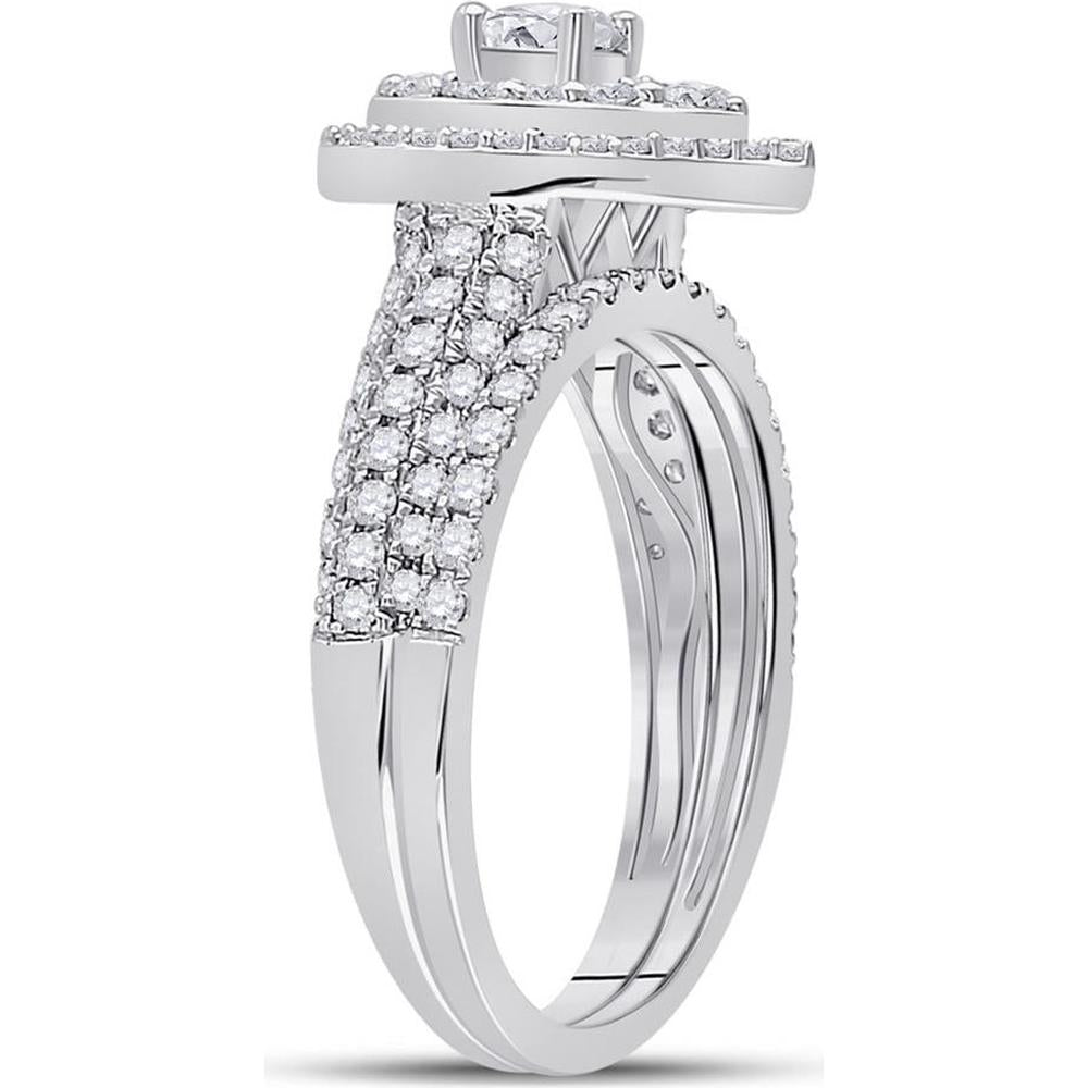GND 14K White Gold Round Diamond Bridal Wedding Ring Set with Halo Design - 1.00 Carat Total Diamond Weight
