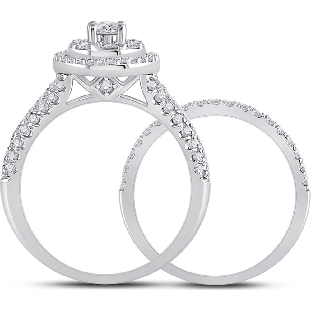 GND 14K White Gold Round Diamond Bridal Wedding Ring Set with Halo Design - 1.00 Carat Total Diamond Weight