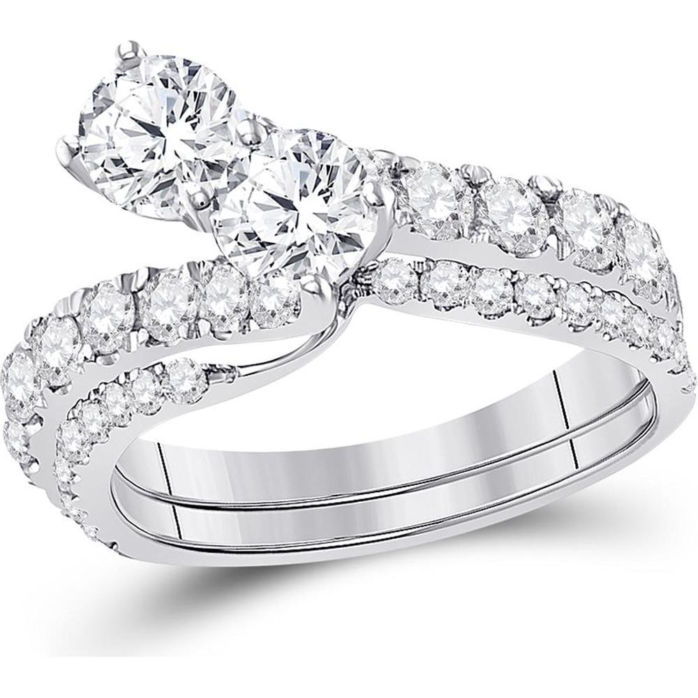 GND 14K White Gold Round Diamond Bridal Wedding Ring Set with Pave Diamonds - 2.00 Carat Total Diamond Weight