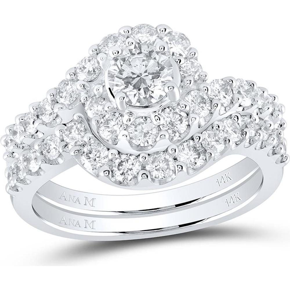 GND 14K White Gold Round Diamond Bridal Wedding Ring Set with Prong and Pave-Set Diamonds – 1-3/8 Carat Total Diamond Weight