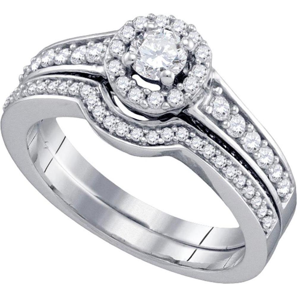GND 14K White Gold Round Diamond Bridal Wedding Ring Set with Prong-Set 0.20 Carat and Pave-Set 0.55 Carat Diamonds - 3/4 Total Carat Weight
