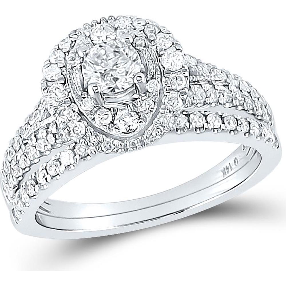 GND 14K White Gold Round Diamond Bridal Wedding Ring Set with Prong-Set Center and Halo - 1.0 Total Carat Weight