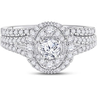 GND 14K White Gold Round Diamond Bridal Wedding Ring Set with Prong-Set Center and Halo - 1.0 Total Carat Weight