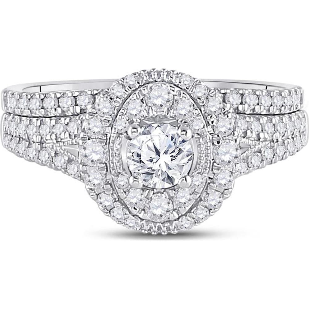 GND 14K White Gold Round Diamond Bridal Wedding Ring Set with Prong-Set Center and Halo - 1.0 Total Carat Weight