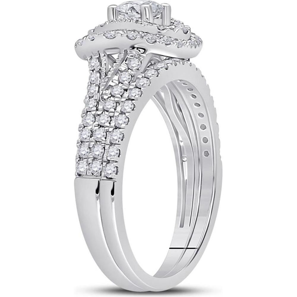 GND 14K White Gold Round Diamond Bridal Wedding Ring Set with Prong-Set Center and Halo - 1.0 Total Carat Weight