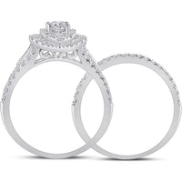 GND 14K White Gold Round Diamond Bridal Wedding Ring Set with Prong-Set Center and Halo - 1.0 Total Carat Weight