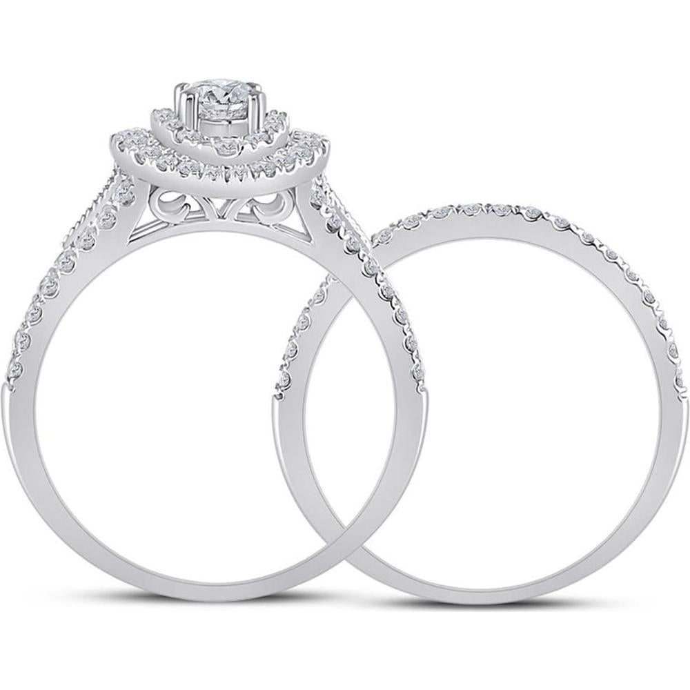 GND 14K White Gold Round Diamond Bridal Wedding Ring Set with Prong-Set Center and Halo - 1.0 Total Carat Weight